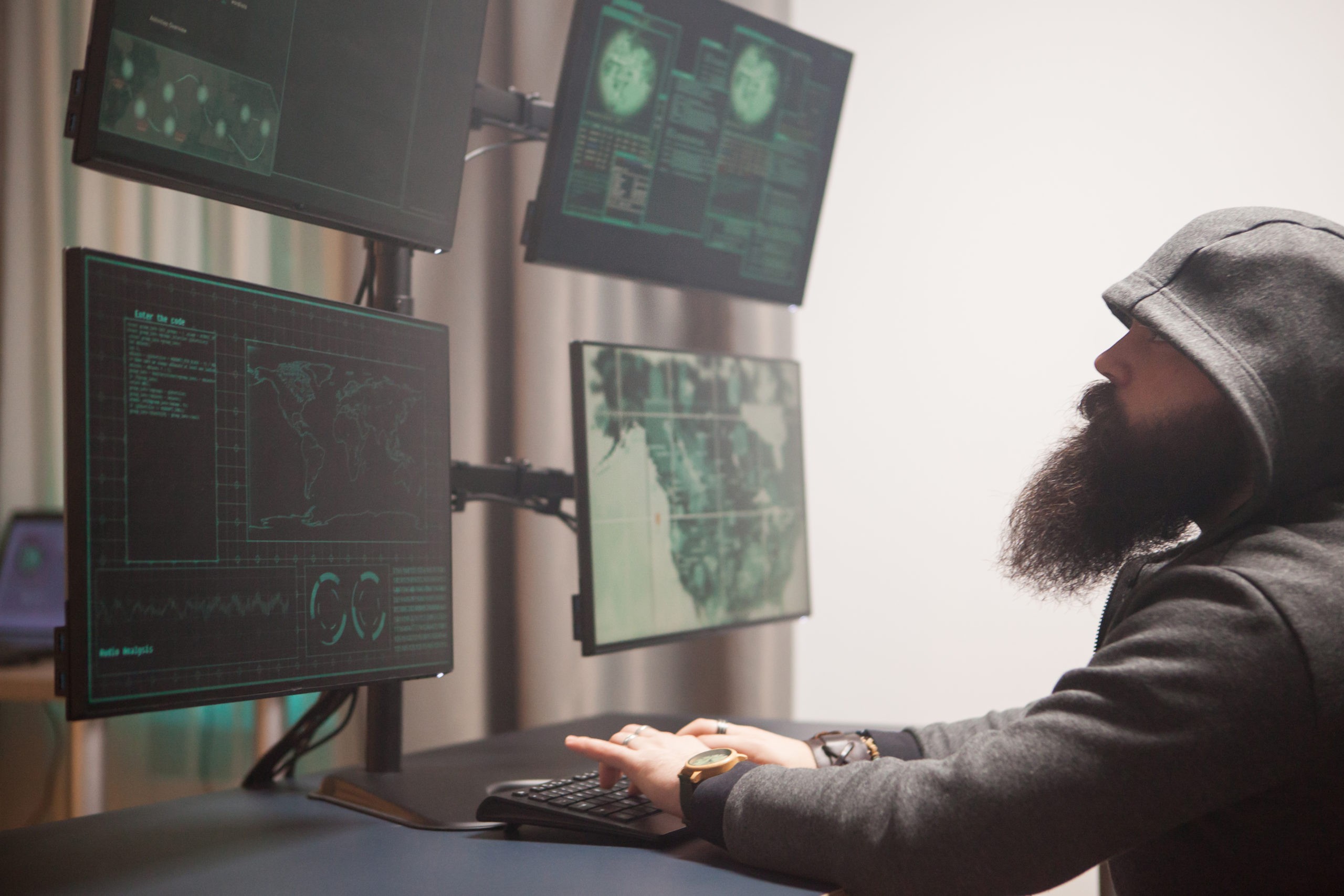 Bearded cyberterrorist wearing a hoodie